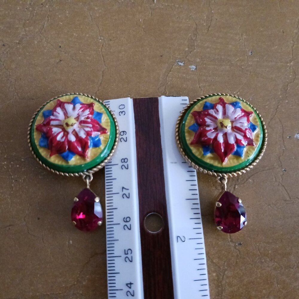 Dolce & Gabbana Red Green Yellow Green Flower Drop Dangle Clip On - Picture 2 of 5